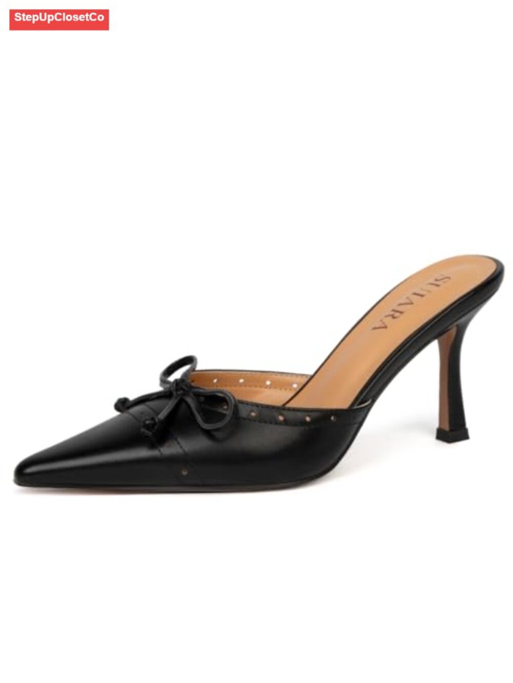 Women's Kitten Heel Mules Closed Toe Vintage Stiletto Pumps Faux Leather Pointed